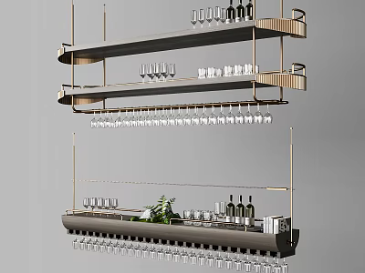 Modern Stylish Wall-mounted Shelf with Hanging Wine Glasses Wine Bottles and Green Plant Decor 3d model