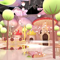 Colorful Children's Party Venue With Mushroom Decor Lanterns And Cartoon Chairs