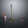 Colorful Vintage Bicycles Parked Near Classic Street Lamp In Dark Setting
