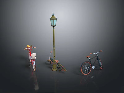 Colorful Vintage Bicycles Parked Near Classic Street Lamp In Dark Setting 3d model