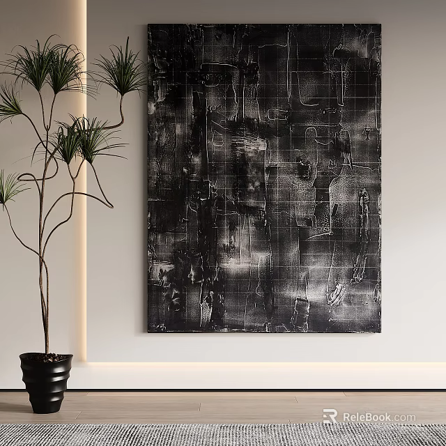 Black and White Abstract Painting Hanging on White Wall with Green Plant 3d model 