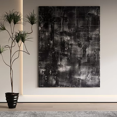 Black and White Abstract Painting Hanging on White Wall with Green Plant 3d model
