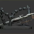 3D Robotic Creature Model With Mechanical Arm Chain Parts And Aircraft On Base