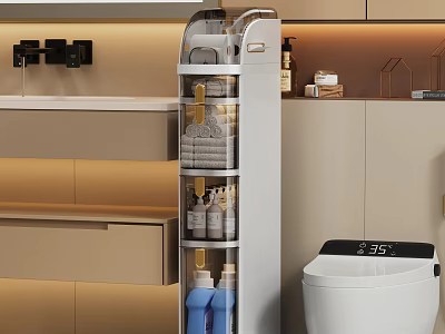 Modern Bathroom Interior With Rotating Storage Organizer Towels Toiletries And Smart Toilet 3d model