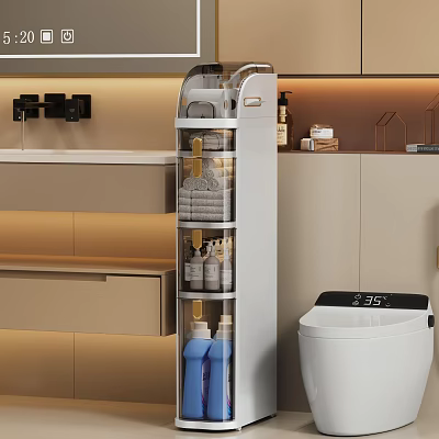 Modern Bathroom Interior With Rotating Storage Organizer Towels Toiletries And Smart Toilet 3d model