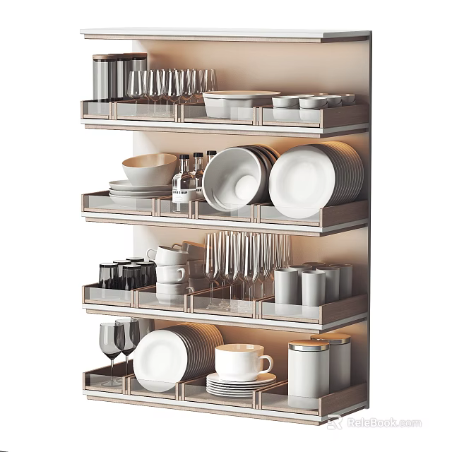 Modern Decorative Tableware Set on Multi Tiered Shelves Organized Storage with Plates Mugs and Glasses 3d model 
