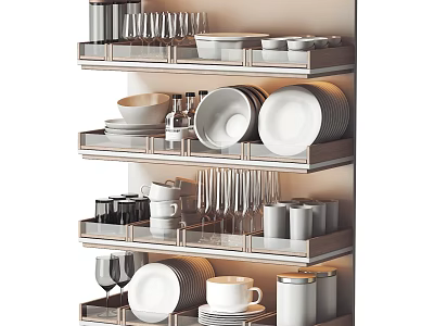 Modern Decorative Tableware Set on Multi Tiered Shelves Organized Storage with Plates Mugs and Glasses 3d model