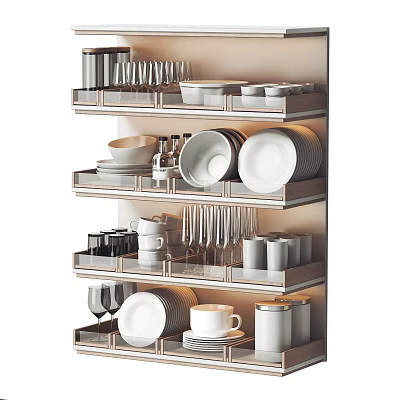 Modern Decorative Tableware Set on Multi Tiered Shelves Organized Storage with Plates Mugs and Glasses 3d model