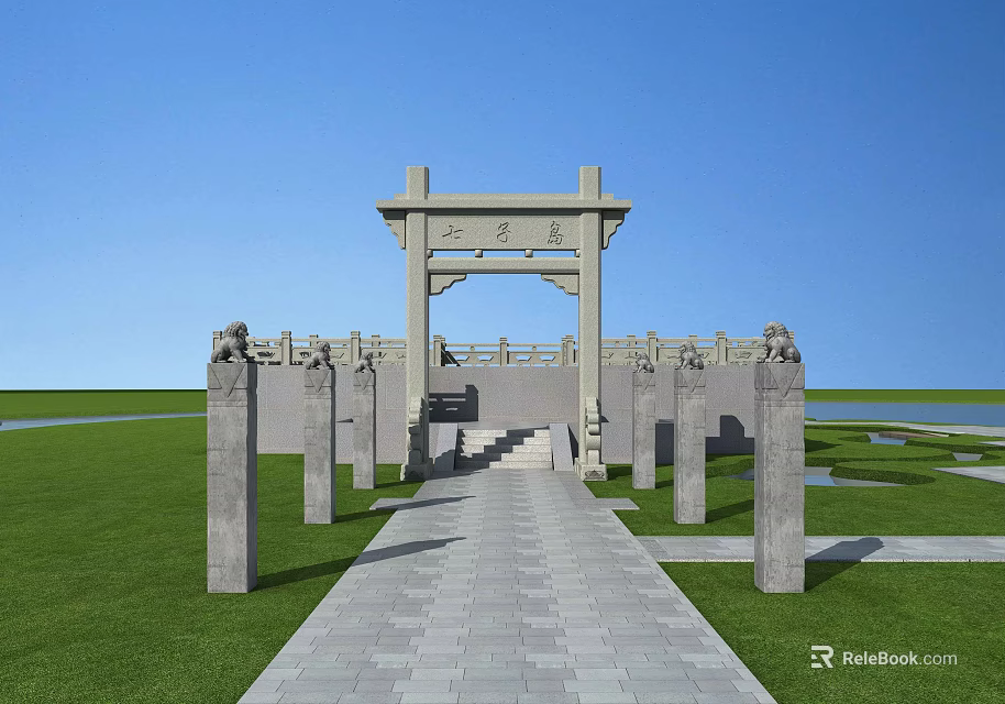 Ancient Chinese Memorial Archway With Stone Lion Statues Stone Paved Path And Green Lawn 3d model 