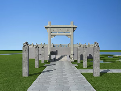 Ancient Chinese Memorial Archway With Stone Lion Statues Stone Paved Path And Green Lawn 3d model