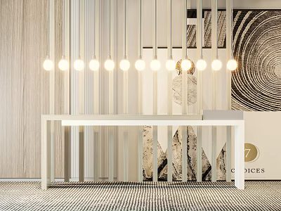 Modern Console Table With Hanging Pendant Lights And Wooden Wall Artwork 3d model