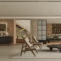 Modern Open Living Room Interior With Wooden Chairs Round Coffee Table Sofa Bookshelf And Rug