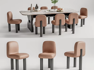 Modern Dining Table Set with Beige Upholstered Chairs Marble Tabletop and Decorative Vase Fruit Bowl 3d model