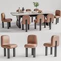 Modern Dining Table Set with Beige Upholstered Chairs Marble Tabletop and Decorative Vase Fruit Bowl