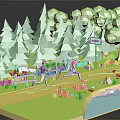 Cartoon Outdoor Scene With Green Polygonal Trees People Running Trail Sign Wooden Fence And Water
