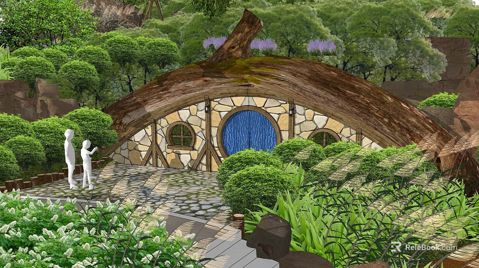 Hobbit Style Residential House With Round Blue Door And Circular Windows In Lush Green Forest 3d model 