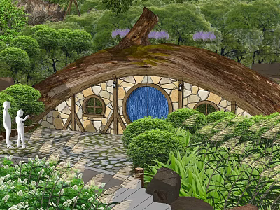 Hobbit Style Residential House With Round Blue Door And Circular Windows In Lush Green Forest 3d model