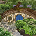 Hobbit Style Residential House With Round Blue Door And Circular Windows In Lush Green Forest