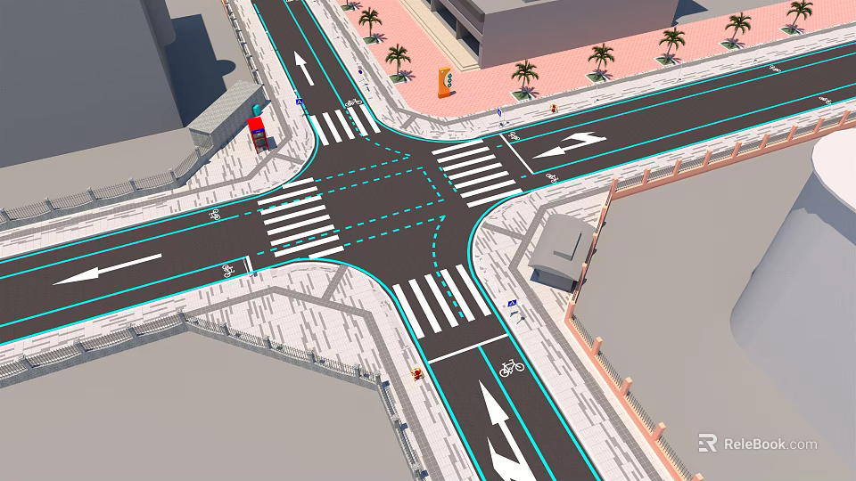 Urban Road Infrastructure At Intersection With Crosswalks Lane Markings Directional Arrows And Signs 3d model 