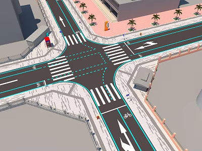 Urban Road Infrastructure At Intersection With Crosswalks Lane Markings Directional Arrows And Signs 3d model
