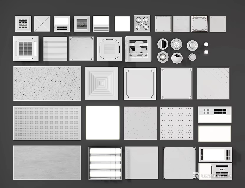 Various Interior Ceiling Designs With Square Panels Grid Patterns And Textured Surfaces 3d model 