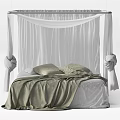 Cozy Double Bed with White Canopy Green Blanket and Soft Pillows 3d model