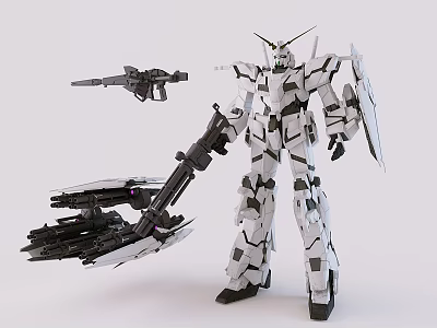 White Gray Gundam Model With Complex Weaponry And Mechanical Armor Details 3d model