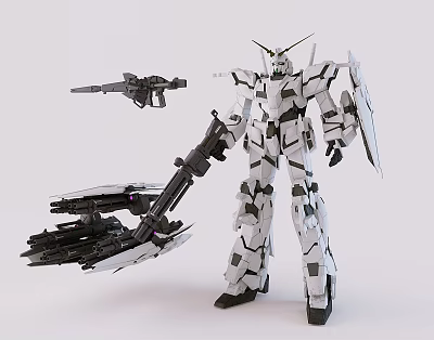 White Gray Gundam Model With Complex Weaponry And Mechanical Armor Details 3d model