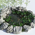 Rockery Stones Surrounding Pond With Lily Pads Lotus Flowers Koi Fish And Bamboo Plants