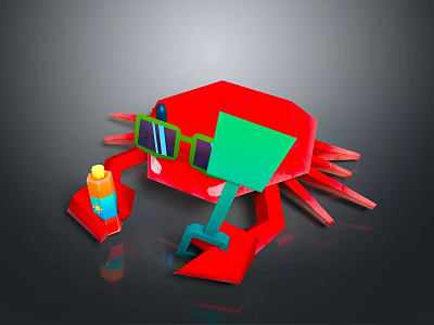 Red Crab Wearing Green Sunglasses With Large Claws And Small Orange Yellow Bottle 3d model