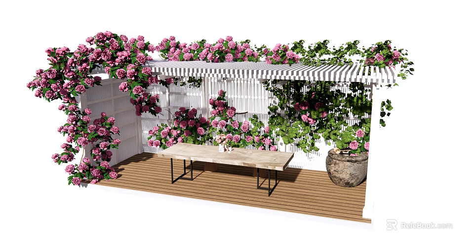 Charming Pergola with Pink Roses White Lattice Wooden Deck and Climbing Vines 3d model 