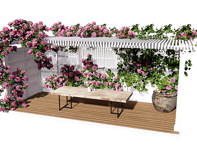 Charming Pergola with Pink Roses White Lattice Wooden Deck and Climbing Vines 3d model