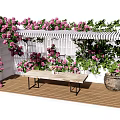 Charming Pergola with Pink Roses White Lattice Wooden Deck and Climbing Vines