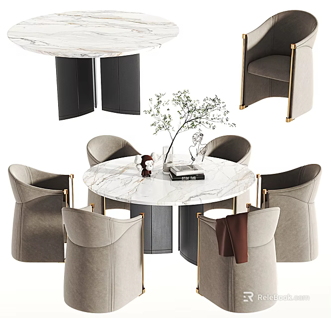 Elegant Modern Round Marble Dining Table Set With Gray Chairs And Decorative Plants 3d model