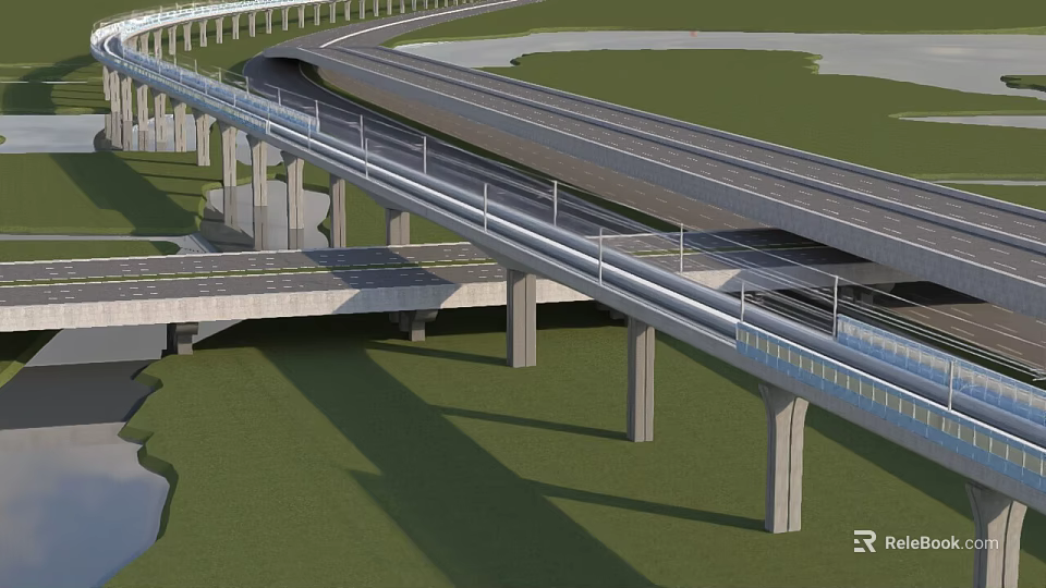 Modern Multi Level Bridge Structure With Highway Roads Green Grass And River 3d model 