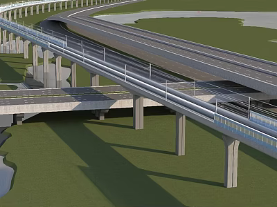 Modern Multi Level Bridge Structure With Highway Roads Green Grass And River 3d model