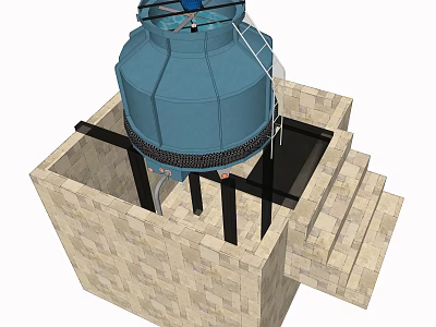 Industrial Cooling Tower Blue Cylindrical Design Installed On Brick Base For Industrial Facility Cooling System 3d model