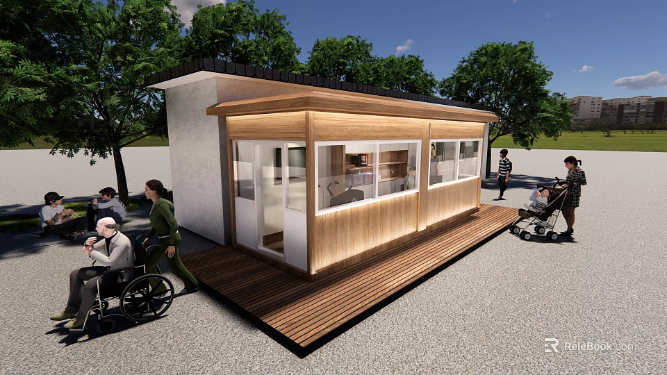 Small Accessible Community Facility With Wooden Structure Large Windows And Outdoor Area For Diverse People 3d model 