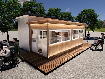 Small Accessible Community Facility With Wooden Structure Large Windows And Outdoor Area For Diverse People 3d model
