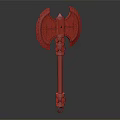 Double Edged Fantasy Axe With Decorative Metal Blades Red Braided Handle And Intricate Patterns