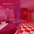 Romantic Pink Hotel Room With Round Bed Canopy TV Bathtub And Red White Checkered Floor