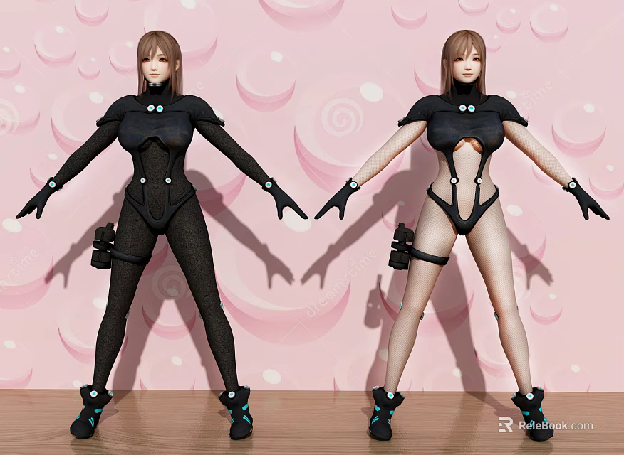 Game And Movie Female Characters In Black Outfits With Pink Background Bubbles And Spiral Patterns 3d model 