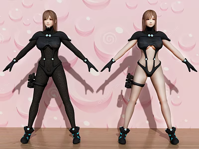 Game And Movie Female Characters In Black Outfits With Pink Background Bubbles And Spiral Patterns 3d model
