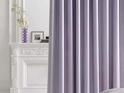 Elegant Living Room With Purple Curtains White Fireplace And Decorative Mantel Items 3d model