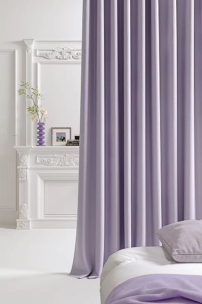 Elegant Living Room With Purple Curtains White Fireplace And Decorative Mantel Items 3d model