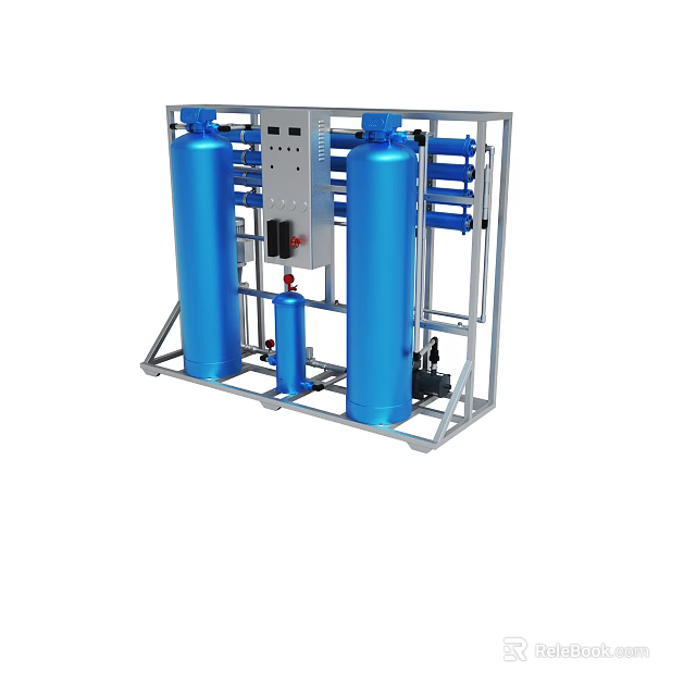 Industrial Water Treatment System With Blue Cylindrical Tanks Control Panel And Metal Frame 3d model 