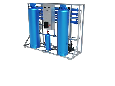 Industrial Water Treatment System With Blue Cylindrical Tanks Control Panel And Metal Frame 3d model
