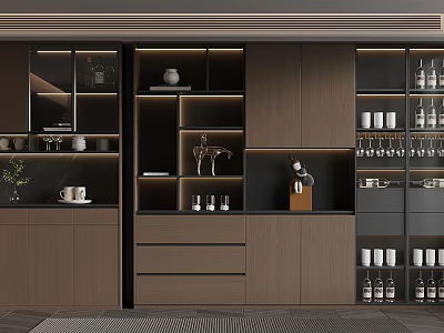Modern Wood Storage Cabinet System With Open Shelves Dishes Cups Decor And Coffee Maker 3d model