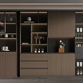 Modern Wood Storage Cabinet System With Open Shelves Dishes Cups Decor And Coffee Maker