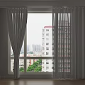 Elegant Beige Curtains Draped at Window with City Buildings and Trees
